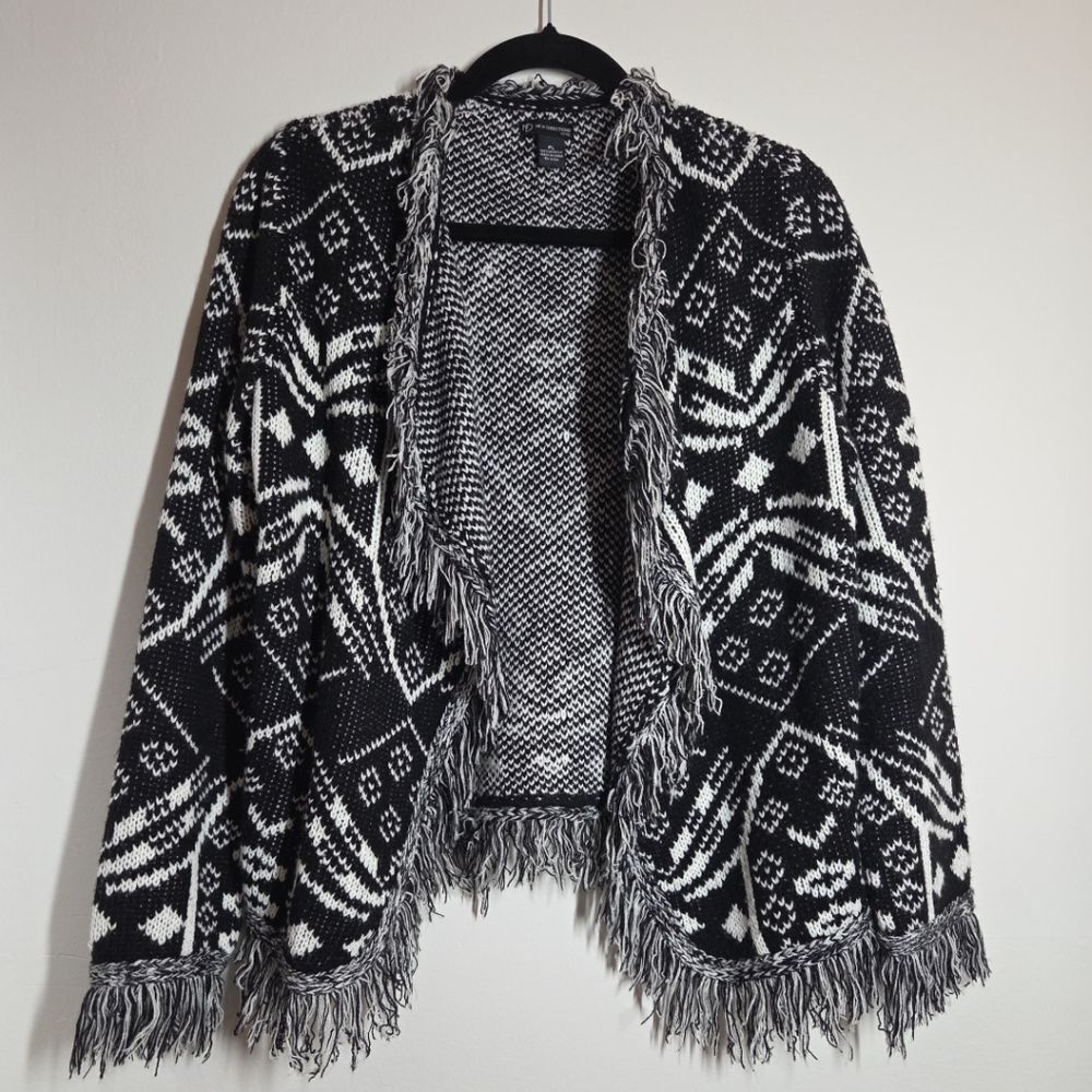 New Directions Open Front Fringe Sweater Cardigan LARGE Petites Cozy Aztec